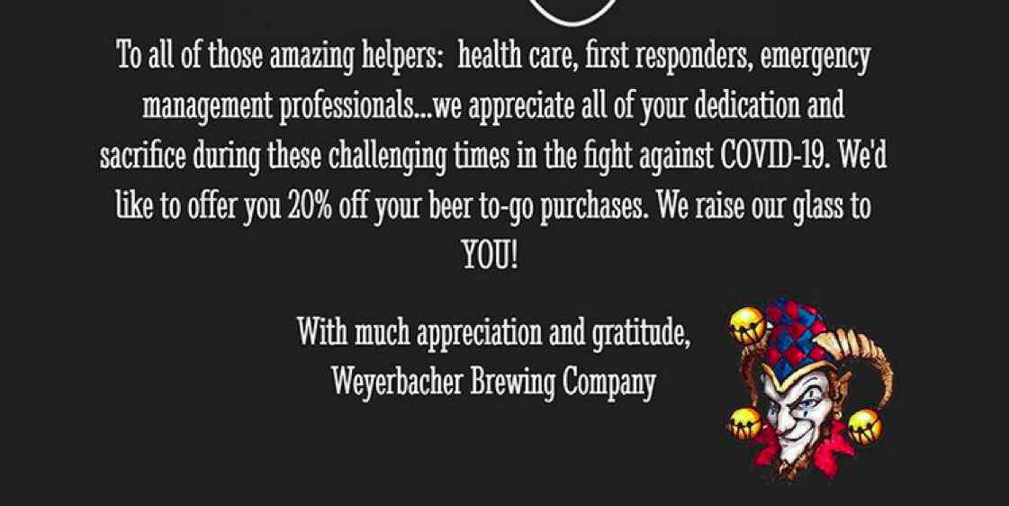 Weyerbacher Offers 20% Off To-Go Sales To Health And Emergency Professionals