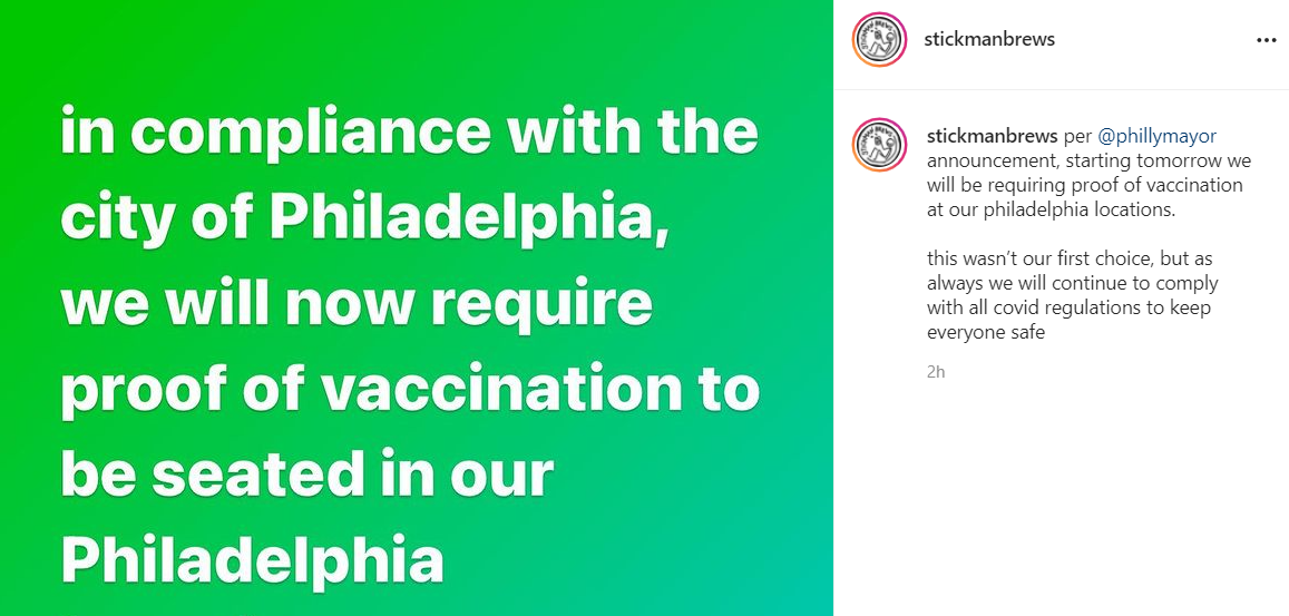 In Response To Philadelphia Mask Mandate, Stickman Requires Proof Of Vaccination In Philly Taprooms