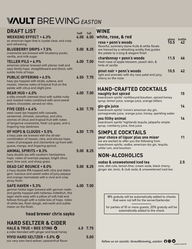 Vault Beverage Menu Design - EASTON